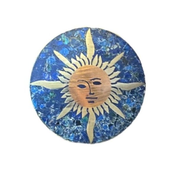 VTG Taxco Mexican Silver & Copper Sun Brooch with crushed Lapis/Turquoise - Picture 1 of 8